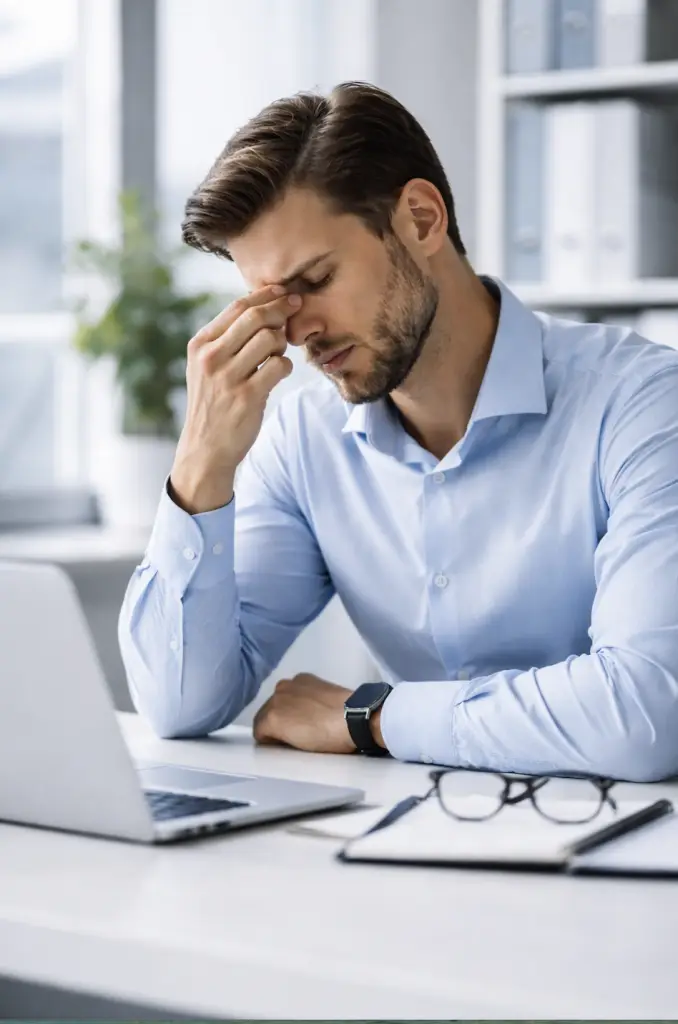 Corporate employee experiencing workplace stress at desk – AI workplace health scan case study at Phoenix Medical Clinic Watford