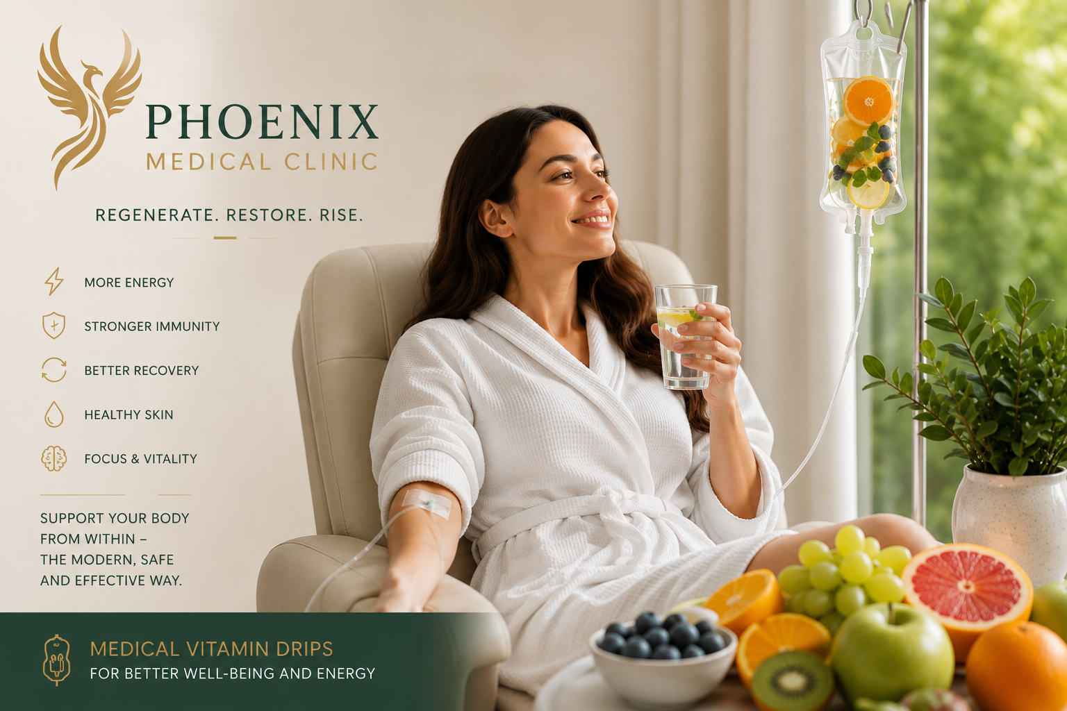 Private vitamin IV drips at Phoenix Medical Clinic in Watford helping support energy, immunity, recovery, hydration and overall wellbeing.