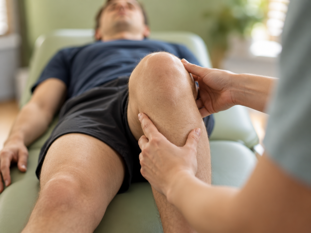 Physiotherapist assessing patient's knee during therapy