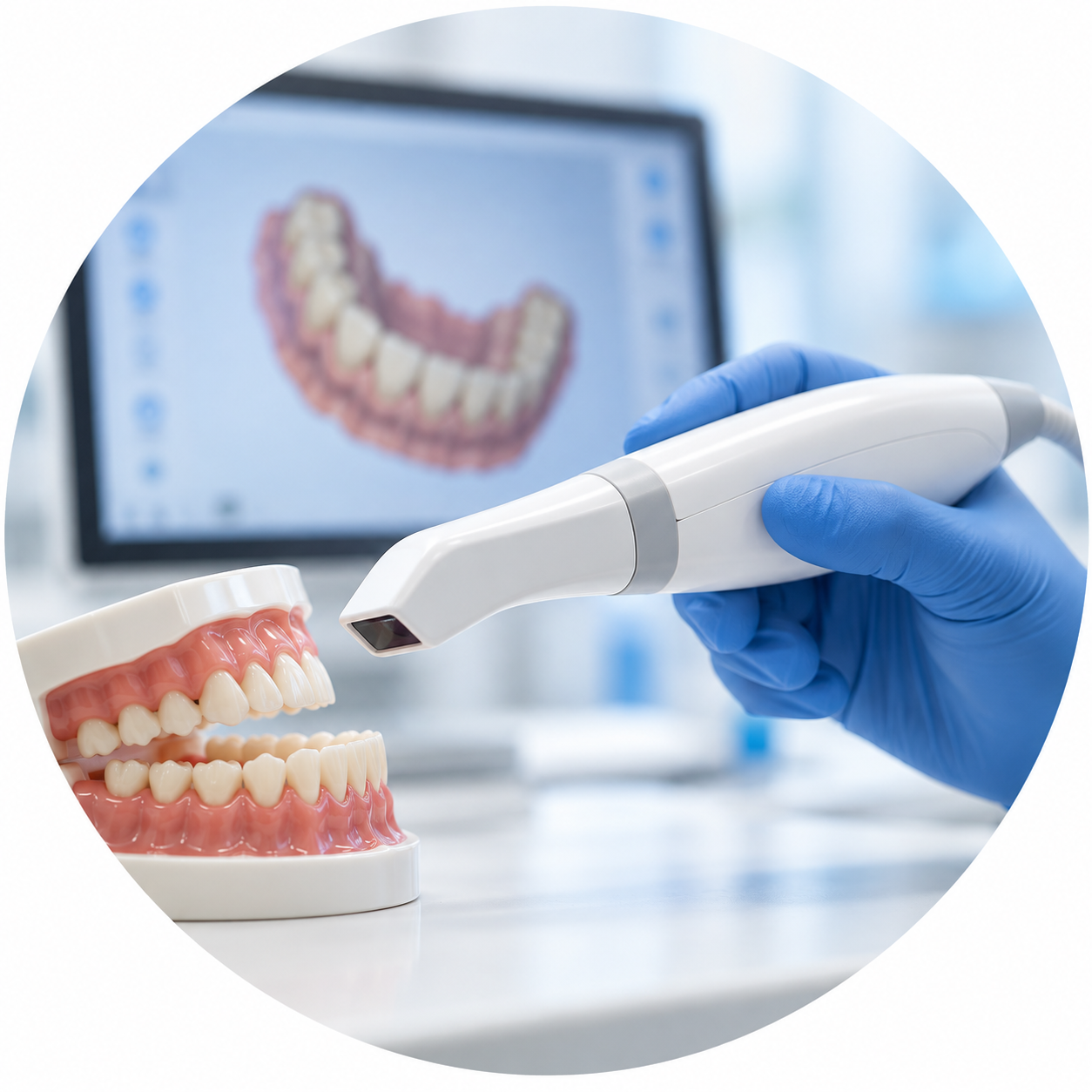 Illustration of an intraoral scanning wand beside a dental model, with a digital teeth image on a screen.