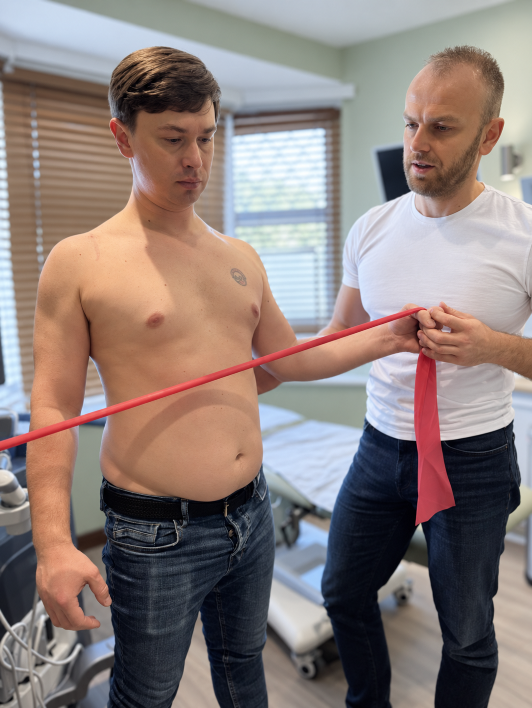 Physiotherapist guiding a patient through a resistance-band exercise at Phoenix Medical Clinic in Watford.