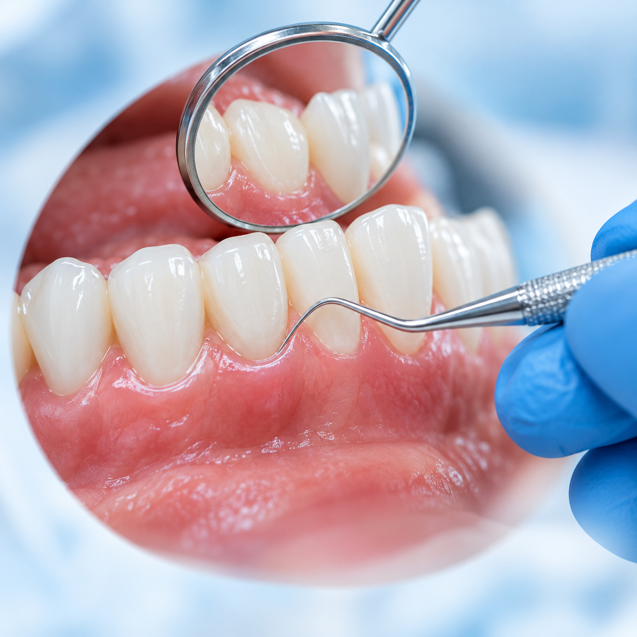 Close-up illustration of teeth and gums with a dental mirror and cleaning instrument.