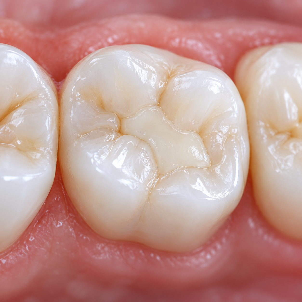 Close-up illustration of a molar restored with a tooth-coloured filling.