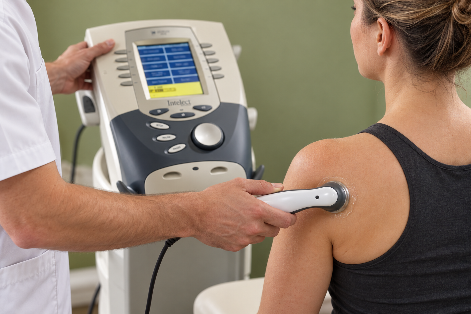 Physiotherapist applying therapeutic ultrasound to a woman’s shoulder, illustrating treatment at Phoenix Medical Clinic in Watford.