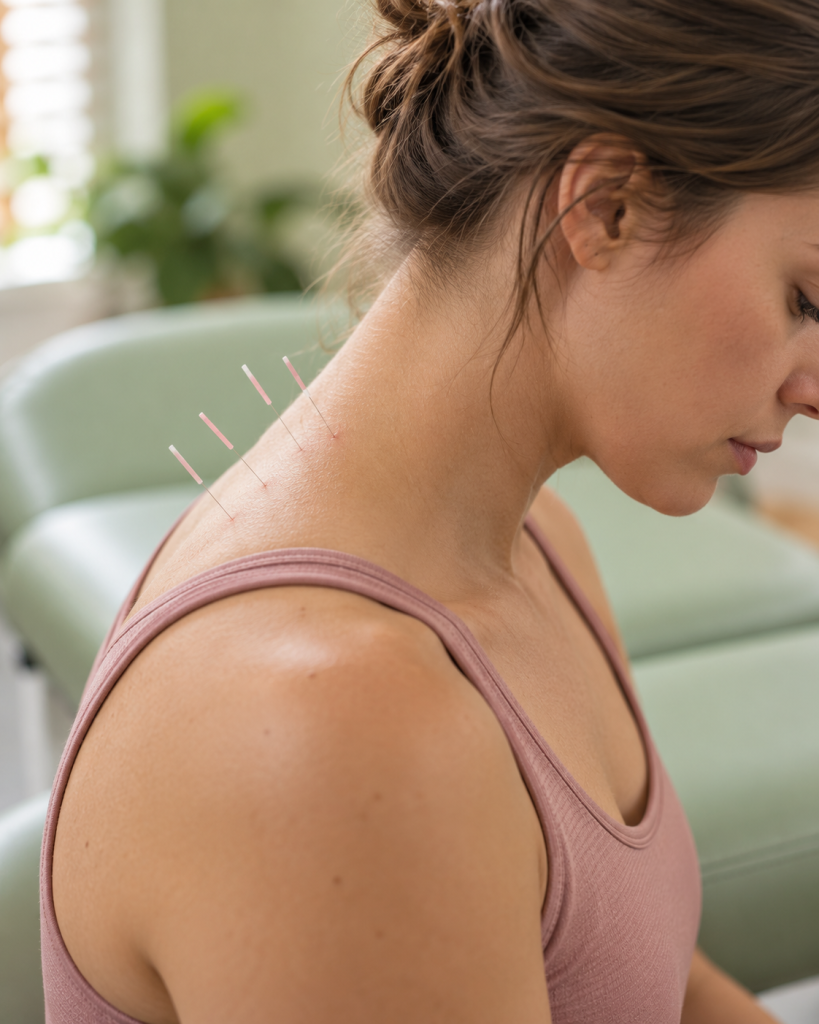 Dry needling for neck and shoulder muscle tension, available at Phoenix Medical Clinic in Watford.