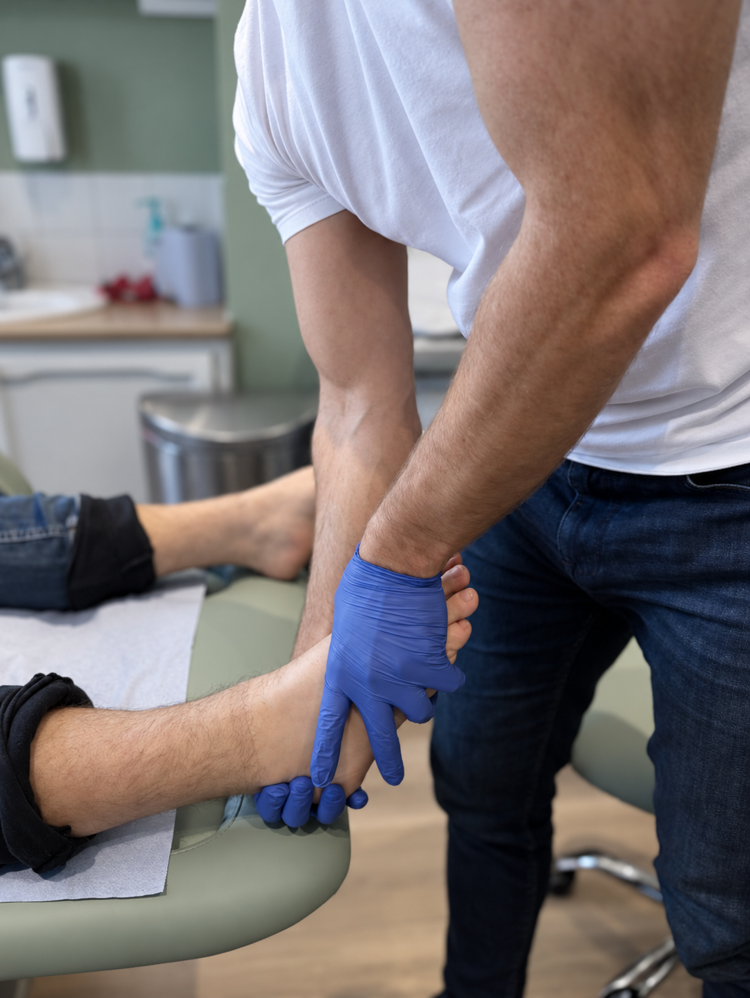 Physiotherapist using gloved hands to support and treat a patient’s ankle and foot at Phoenix Medical Clinic in Watford.