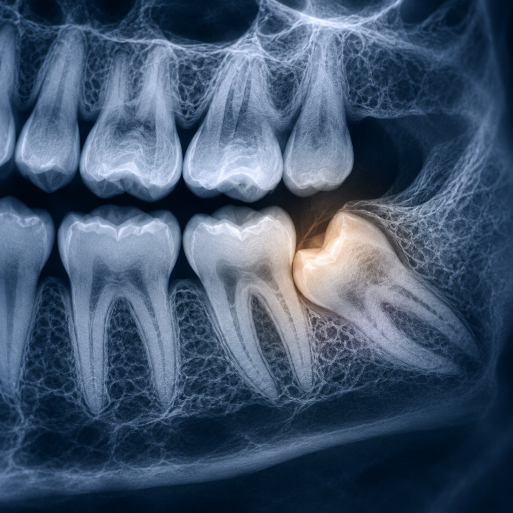 Illustrative dental X-ray close-up showing an angled lower wisdom tooth beside neighbouring molars