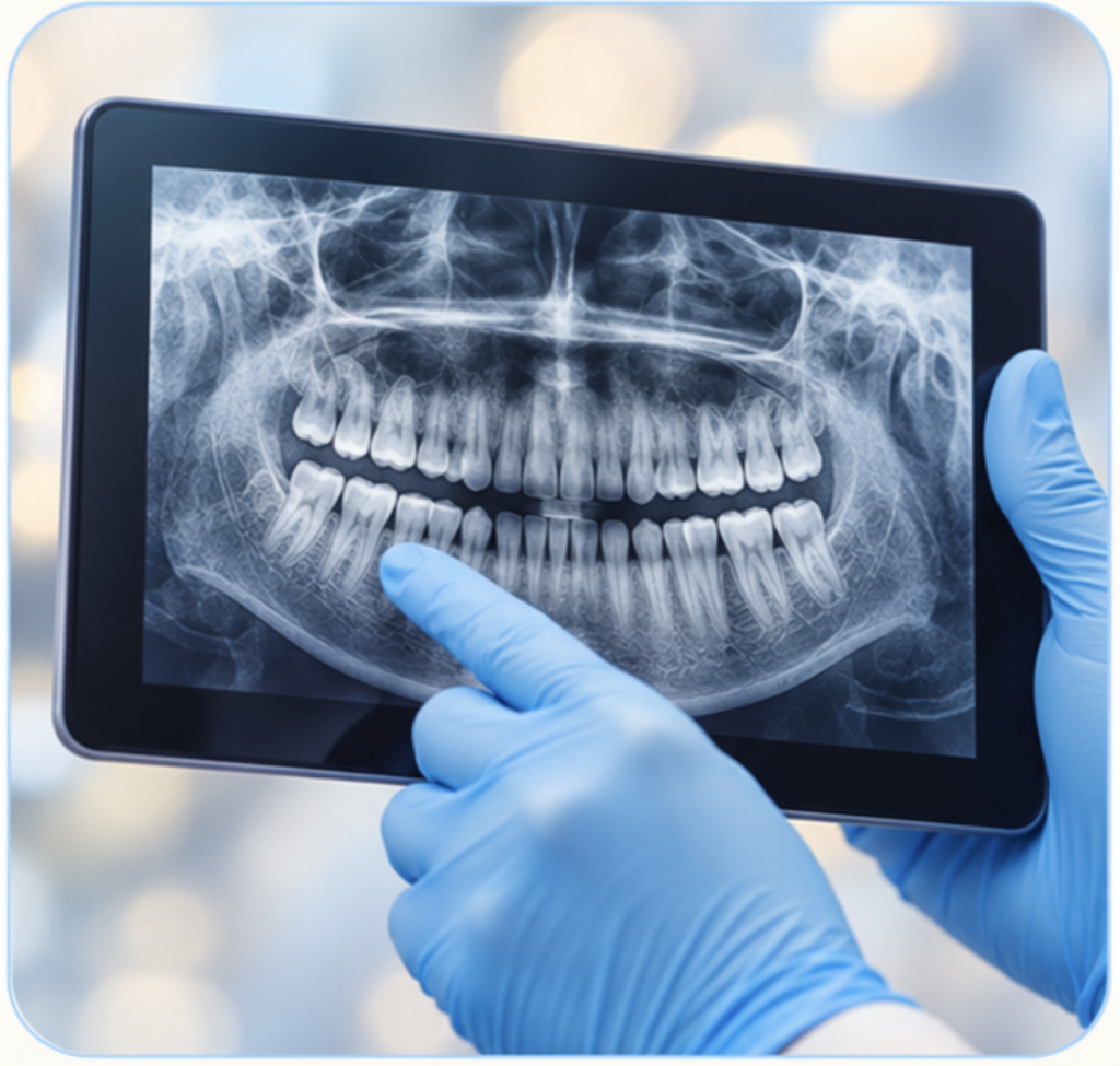 Gloved hands pointing to teeth on a panoramic dental X-ray displayed on a tablet