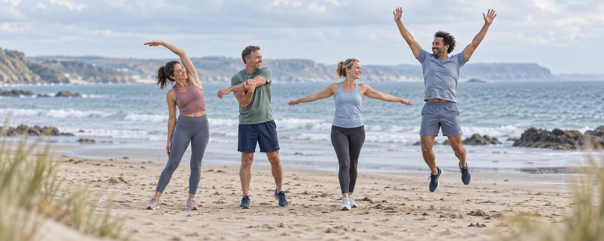 Four adults stretching and jumping beside the sea, illustrating active living for Phoenix Medical Clinic’s dry needling and physiotherapy services in Watford.