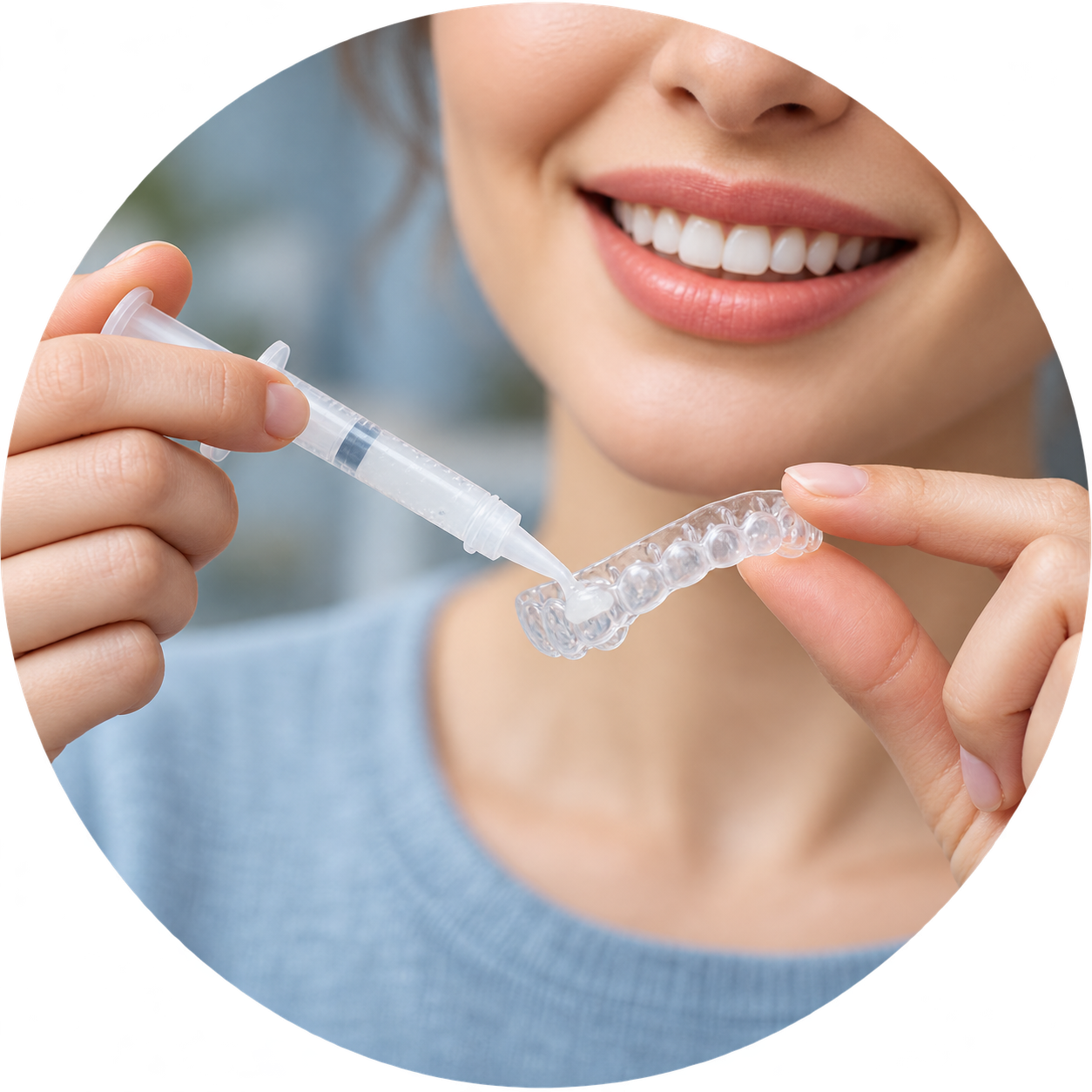 Woman placing whitening gel from a dispensing syringe into a clear custom-made dental tray.
