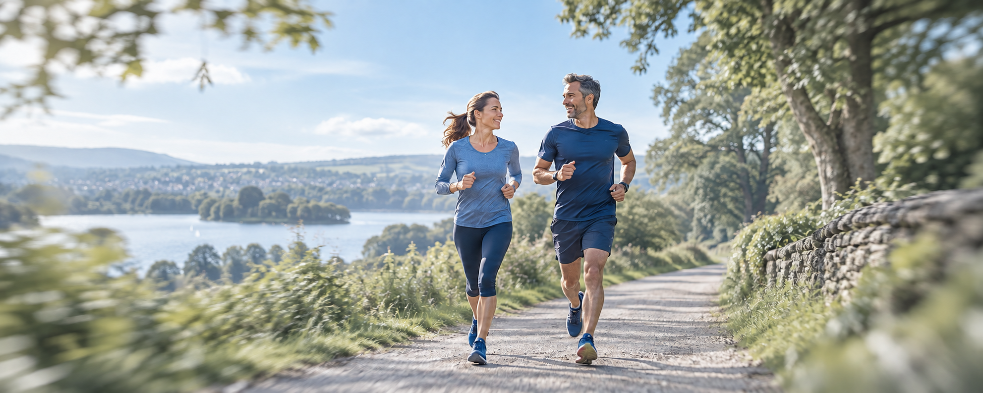 Couple running outdoors, illustrating a return to activity after rehabilitation