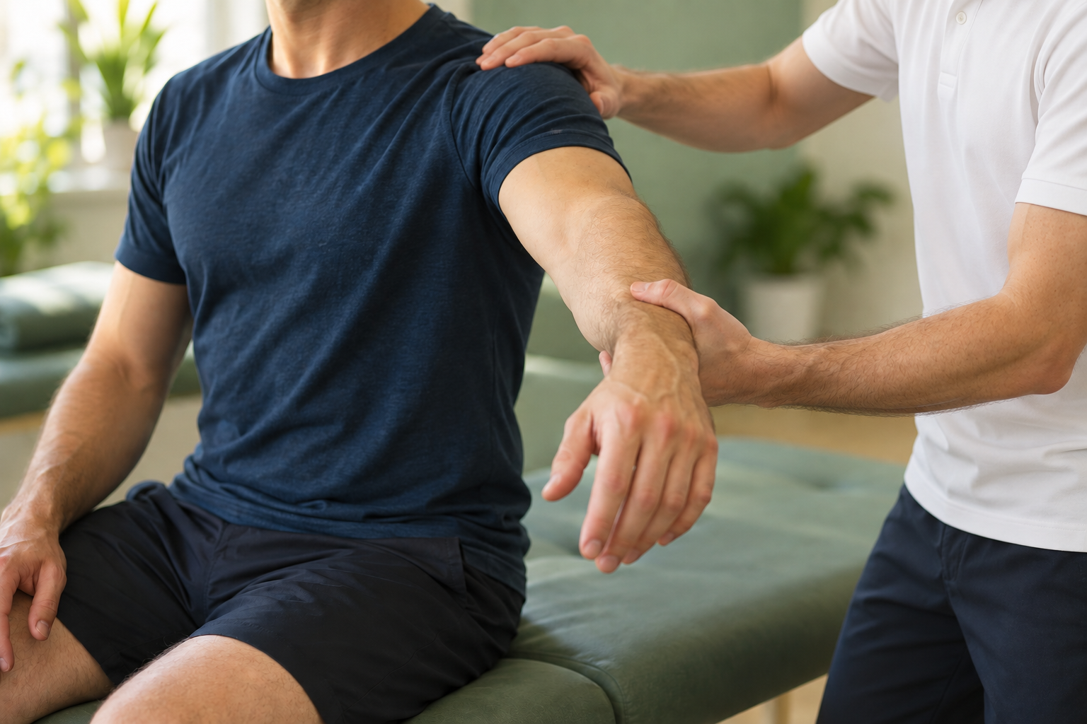 Physiotherapist assessing a patient's shoulder and arm during rehabilitation in Watford