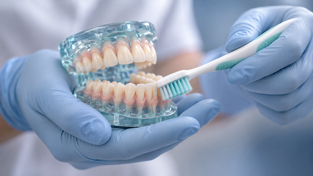 Hygienist’s gloved hands demonstrating toothbrushing on a translucent dental model.