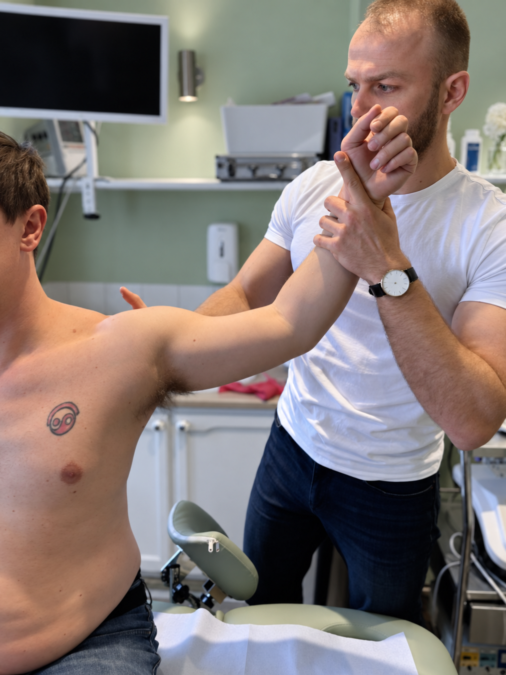 Physiotherapist supporting a patient’s raised arm during a shoulder mobility assessment at Phoenix Medical Clinic in Watford.