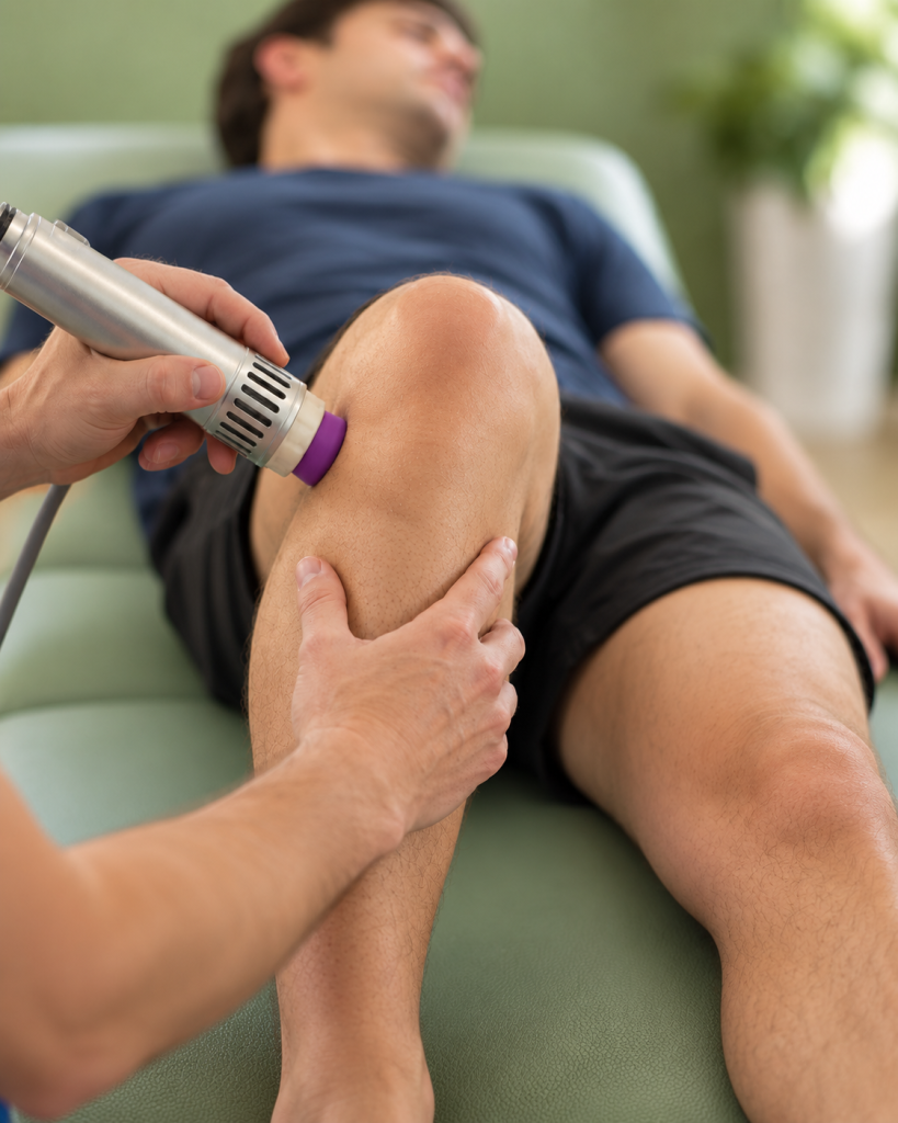 Illustrative close-up of a physiotherapist applying a shockwave handpiece to a patient’s knee