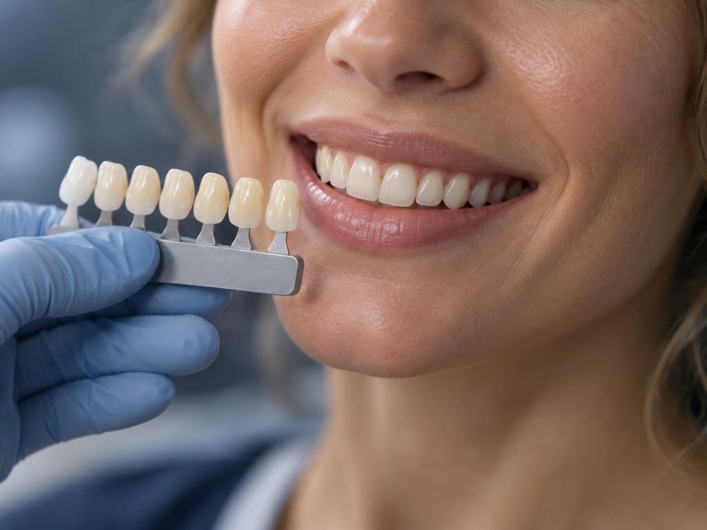 Gloved hand holding a tooth-shade guide beside a woman’s natural smile.