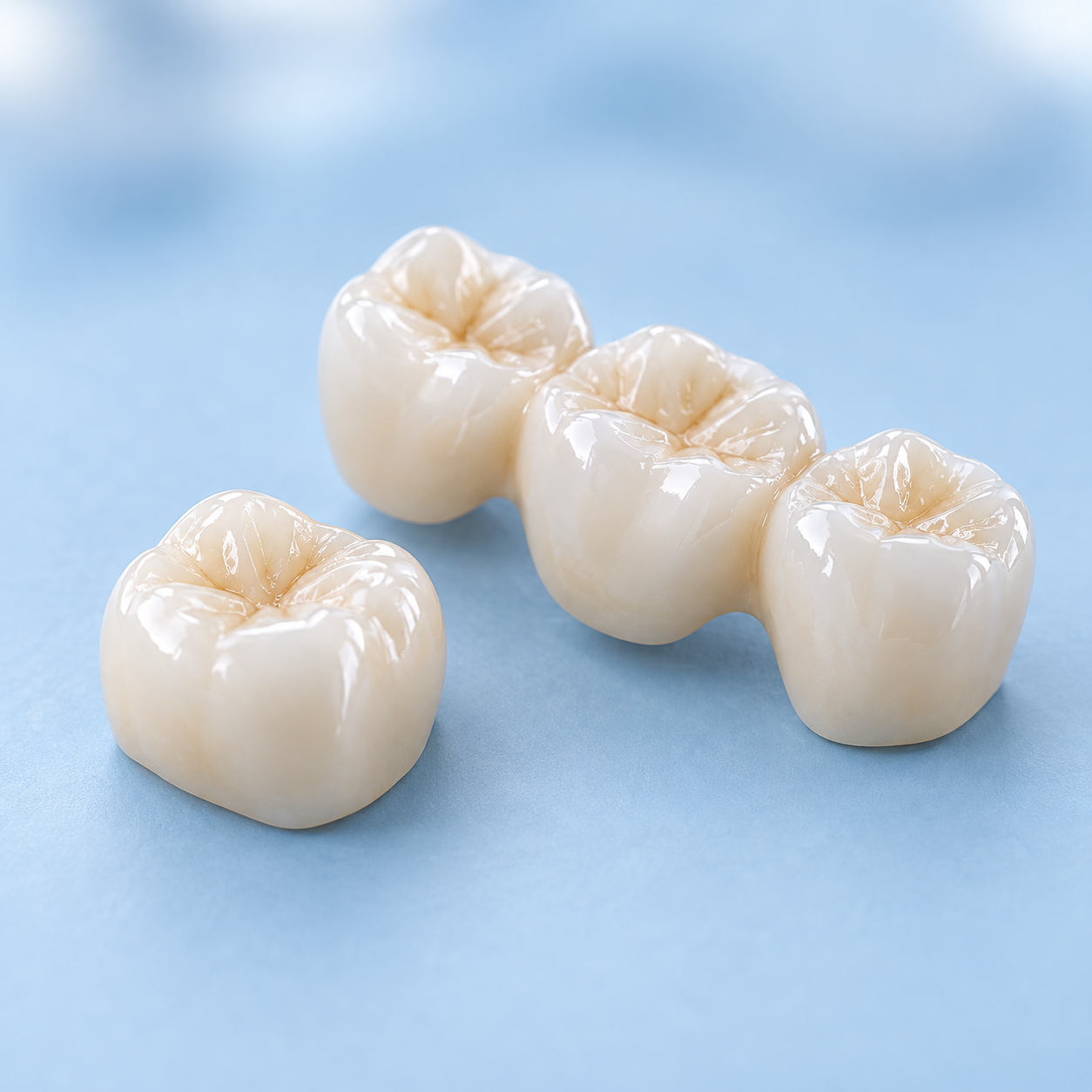 Ceramic dental crown and three-unit bridge displayed on a pale blue background.